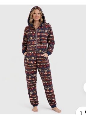 Savage X Fenty Navy Red and Cream Patterned Hooded Jumpsuit